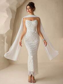 Coutiva Elegant And Sexy Strapless Backless Suspender Dress With Fan-Shaped Pearl Ribbon Design And Bodycon Straight Hem, Suitable For Birthday Party Dresses, Music Festival Dresses, Valentine's Day Dresses, Graduation Ceremony Dresses, Cocktail Parties, Parties, Dinner Dresses, Gatherings, And Daily Wear. Pearl Dress Glamorous Dress Elegant Dresses Luxury Dresses Gowns - White - View 5