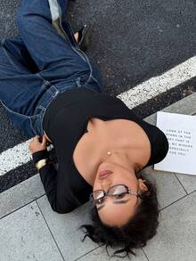 Easura 大码女式纯色长袖休闲连体衣 - 黑色 - 查看 6