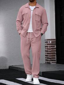 Manfinity Homme 2 piezas Conjunto de camisa de trabajo de pana para hombres Conjunto casual de dos piezas para hombres Conjunto de traje de ocio de 2 piezas para hombres Conjunto de chándal de 2 piezas para hombres - Rosa - Ver 4