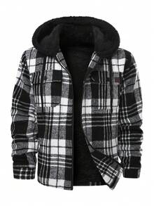 Manfinity Homme Men's Long Sleeve Casual Plaid Thermal Thermal Lined Hooded Overcoat, Autumn/Winter - Black and White - View 1