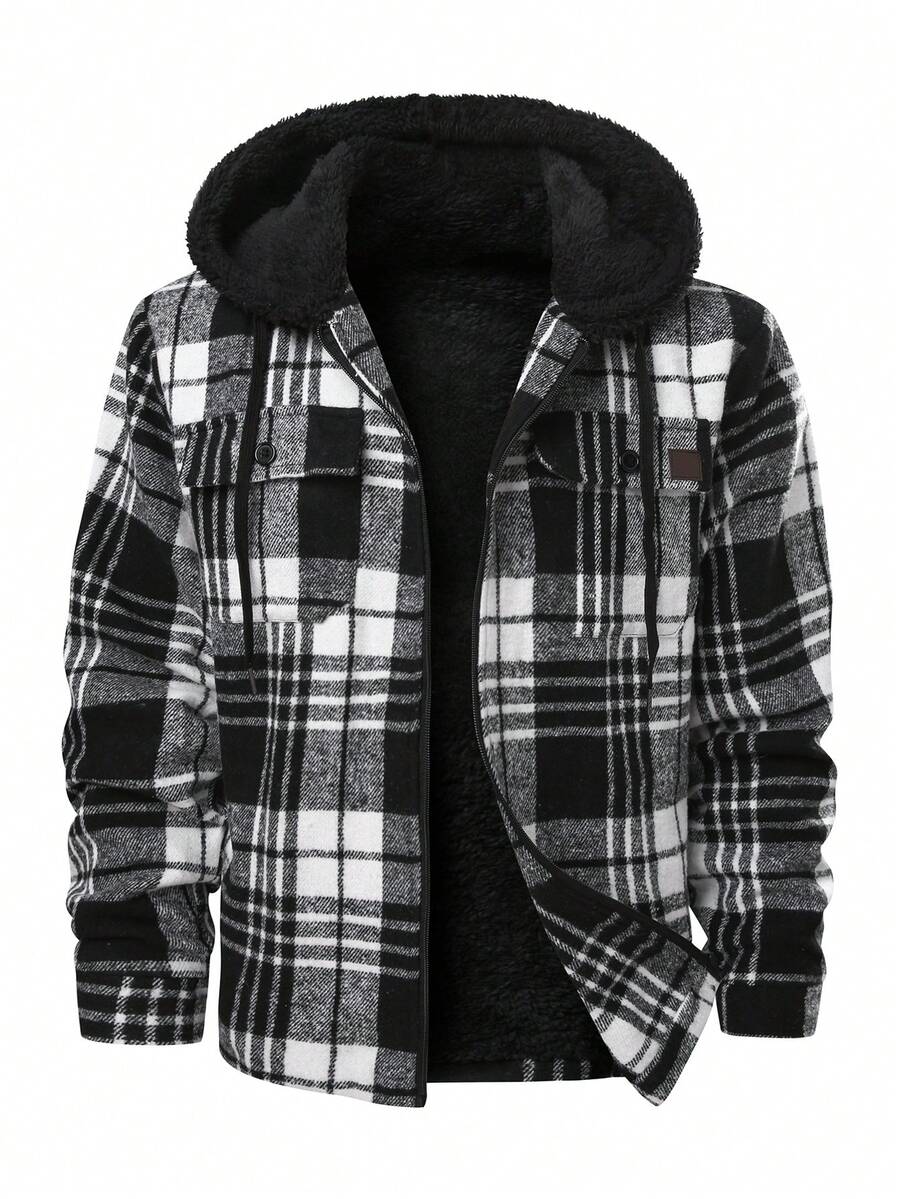 Manfinity Homme Men's Long Sleeve Casual Plaid Thermal Thermal Lined Hooded Overcoat, Autumn/Winter - Black and White - View 1