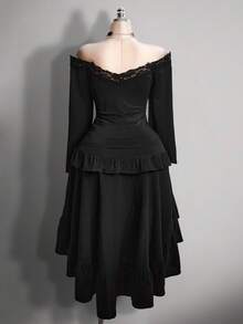 SHEIN ICON 大码女式V领蕾丝拼接喇叭袖T恤 - 黑色 - 查看 2