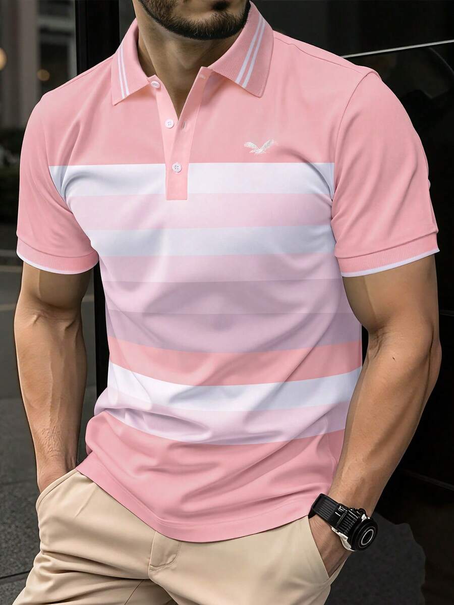 Calvornis 男士粉白條紋 Polo 衫，短袖夏季休閒拼色高爾夫 Polo 衫，學院風圖案通勤正式款，男友禮物，儀式感 - 粉色 - 查看 1