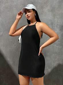 Comfortcana Plus Solid Halter Neck Backless Dress - Black - View 13