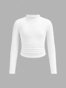 SHEIN Serisse Kids 少女领口褶皱基础款纯色针织T恤，适合秋冬季休闲日常穿着及上学穿着。 - 白色 - 查看 2