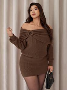 Auralis Plus Size Women's Chocolate Brown Elegant Off Shoulder Knitted Dress,Autumn Long Sleeve Sweater Dresses,Solid Color Knit Date Night Two Piece Set - Brown - View 5