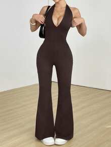 Flirla Black Deep V-Neck Backless Halter Long Jumpsuit, Super Stretchy Slimming Soft Comfortable Casual Sexy Vacation Everyday Wear For Women, Spring/Summer - Brown - View 1