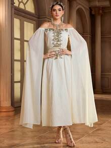 Al Najma Women's Elegant Off-Shoulder Long Arabic Style Dress - Apricot - View 4