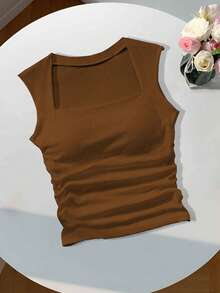 Comfortcana Square Neck Waist Ruched Padded Cami Bra Free Tank Top, Suitable For Summer, Built-In Bra - Brown - View 9