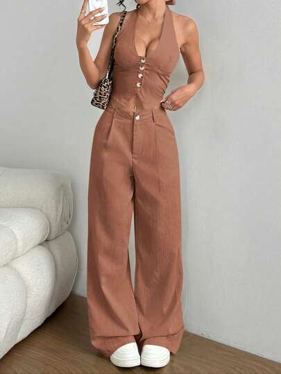 SHEIN PETITE Set de 2 piezas: Chaleco con atar en el cuello y pantalones rectos informales