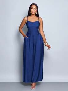 SOLERSUN Tuta da donna con scollo a cascata, colletto a cascata, allacciatura, schiena scoperta e gamba ampia, adatta per uso quotidiano e vacanze - Blu Navy - Visualizzare 3