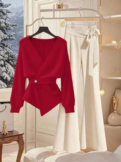 Franclia 女士优雅不对称下摆重叠领上衣和裤子套装（2件套），秋冬季