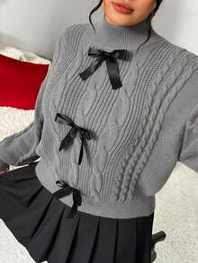 Elenzga Sweater Leher Bulat Wanita Ukuran Besar dengan Hiasan Pita - Grey - View 4