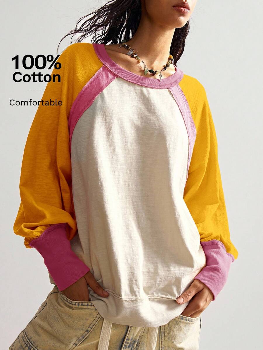 Bohemela 波西米亚风休闲针织拼色圆领宽松女式上衣 - 彩色 - 查看 1