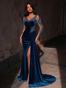 Glamrae 优雅奢华亮片蕾丝贴花拼接弹力天鹅绒褶皱薄纱长袖性感开衩鱼尾连衣裙，适合婚礼、派对、写真、度假、晚宴等场合。 - 湖藍色 - 查看 4