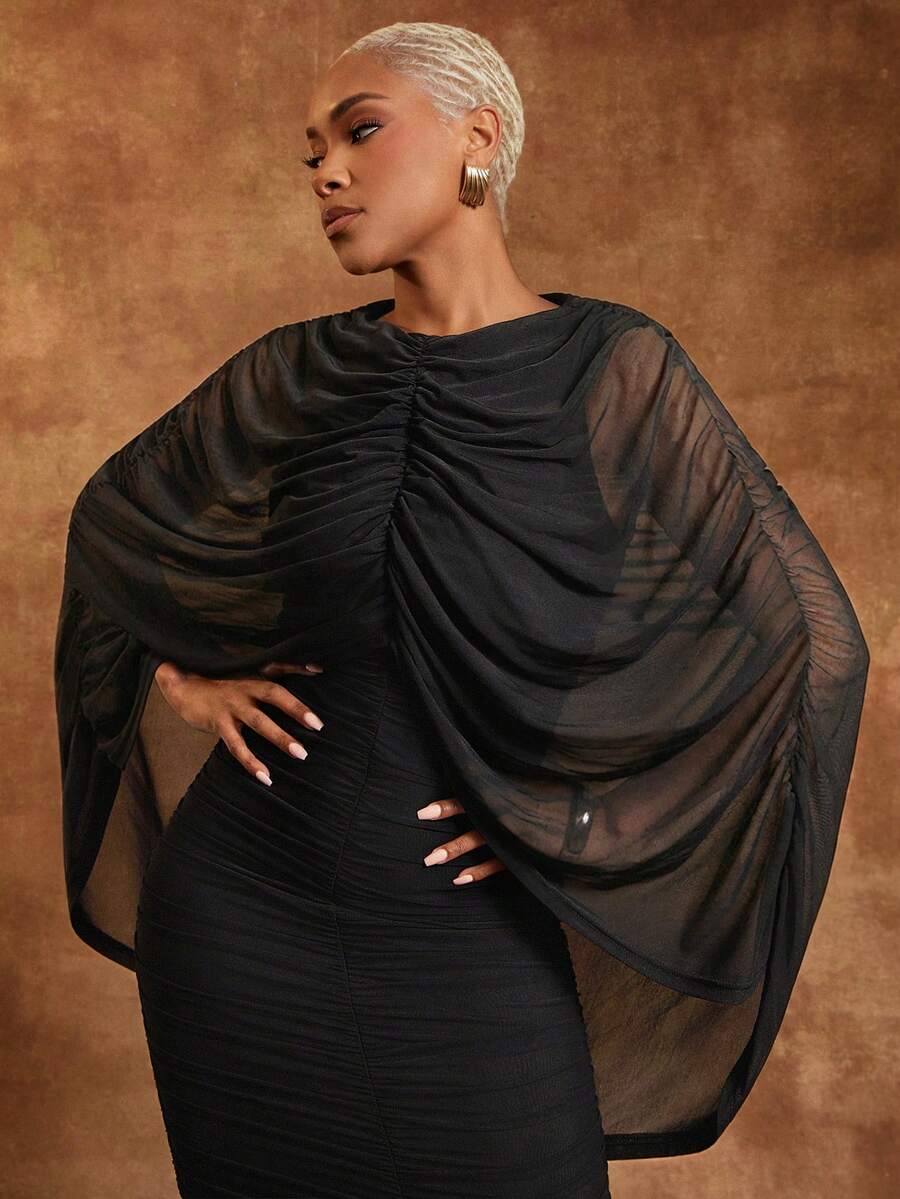 Vixey Váy maxi dài tay màu đen xếp ly bằng vải lưới - màu đen - Xem 1