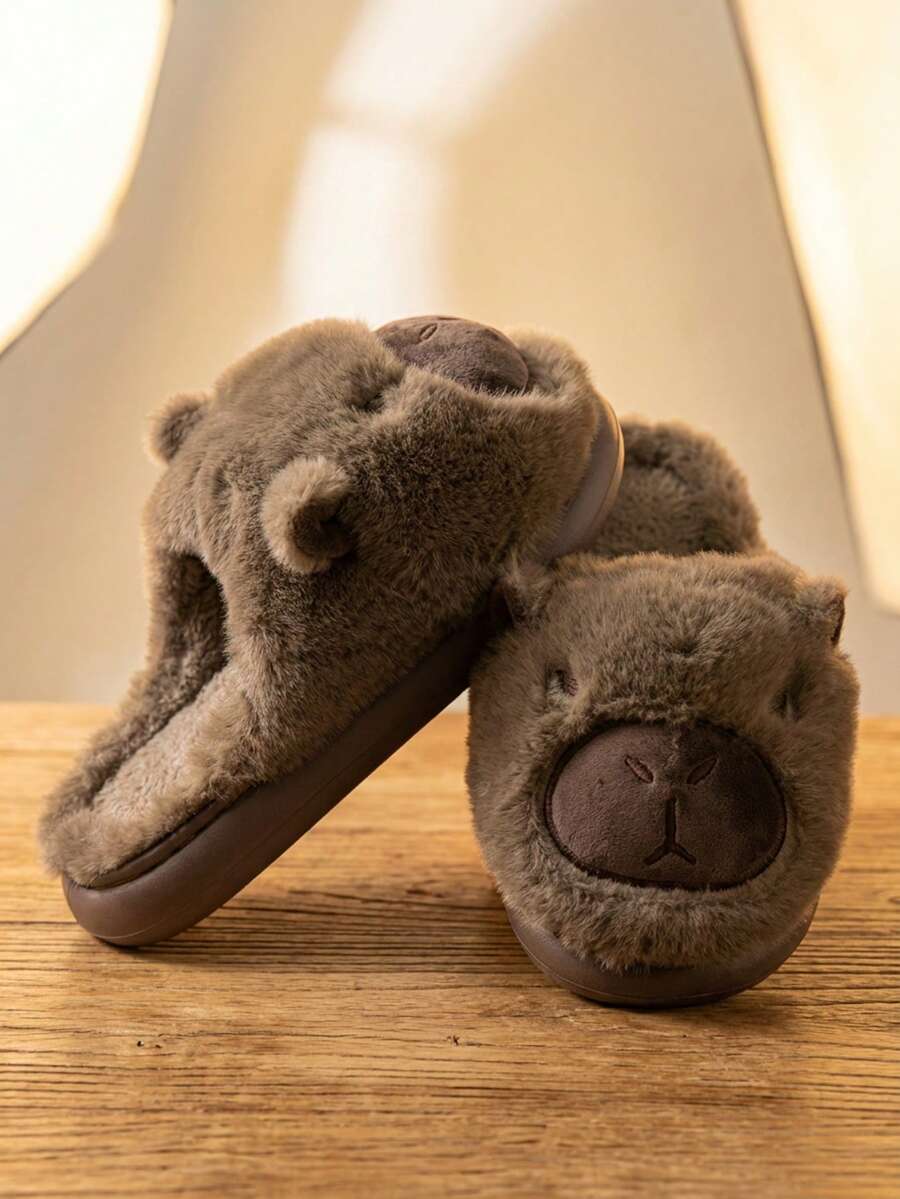 Dama pantuflas de felpa suave diseño animal punta cerrada suela gruesa estilo acogedor para uso en casa pantuflas - Marrón grisáceo - Ver 1