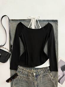 Glimmora 女士Y2K风格休闲日常通勤打结吊带长袖两用T恤，春秋季 - 黑與白 - 查看 2