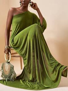 Zivah New Elegant High Slit Robe, One Shoulder Sleeve, Military Green Beach Cover Up, Suitable For Vacation, Beach, Pool Party - Army Green - View 6