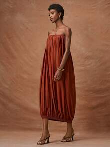 Zivah Women's Elegant Rust Brown Summer Dress,Strapless Ruched Waist Gathered Ruffle Maxi Dress,Boho Loose Solid Color Holiday Vacation Party Midi Dress - Brown - View 4