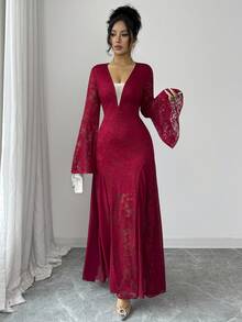 Elenzga Women's Lace Fabric V-Neck Flared Sleeve Waist Fishtail Skirt Trim Dress, Elegant, Dress, Party - Red - View 3