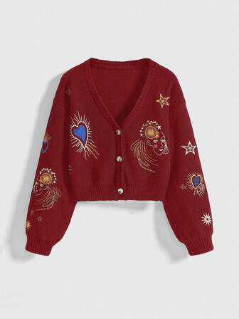 Grunge Punk Cardigan corto e ampio in maglia con ricamo vintage a cuore, ritratto e luna e stelle