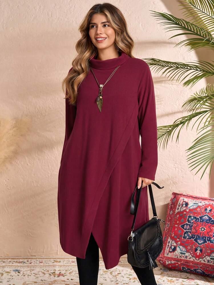 Plus Size Women Winter /Fall Country Casual  Asymmetrical Solid Color Wine Red High Neck  Long Sleeve Warm Dress With Pockets, Burgundy,Autumn/Winter,Going Out Outfits,2025 New Clothes,Simple And Fashionable For Everyday Wear, Plus Size Winter Clothes,Comfortable And Breathable,Christmas Outfit For Women ,New Year Clothes,Thanksgiving Outfit For Women,Date Night Outfits Women