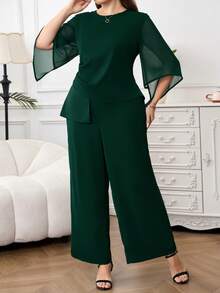 Reflora 大码纯色简约圆领长袖上衣和裤子两件套 - 綠色 - 查看 7