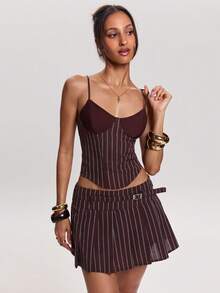 SHEIN BAE 春夏女装时尚性感棕色条纹印花纽扣迷你裙，棕色条纹裙，百褶条纹裙，百搭半身裙，情人节、通勤、外出穿着，时尚单品，休闲半身裙，Y2K风格 - 棕色 - 查看 3