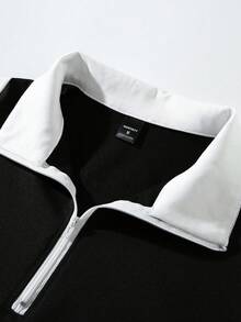 PAVTROS 男士撞色拼接短袖半开襟时尚夏季Polo衫 - 黑與白 - 查看 5