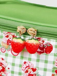 Strawberry Shortcake | ROMWE Bolsa de cosméticos portátil con asa, con diseño de patrón de dibujos animados lindo y acolchado para mujer - Verde - Ver 5