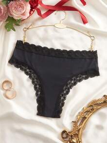 Romantic Series High Elastic Lace Trim Ladies Thong Panty - Black - View 1