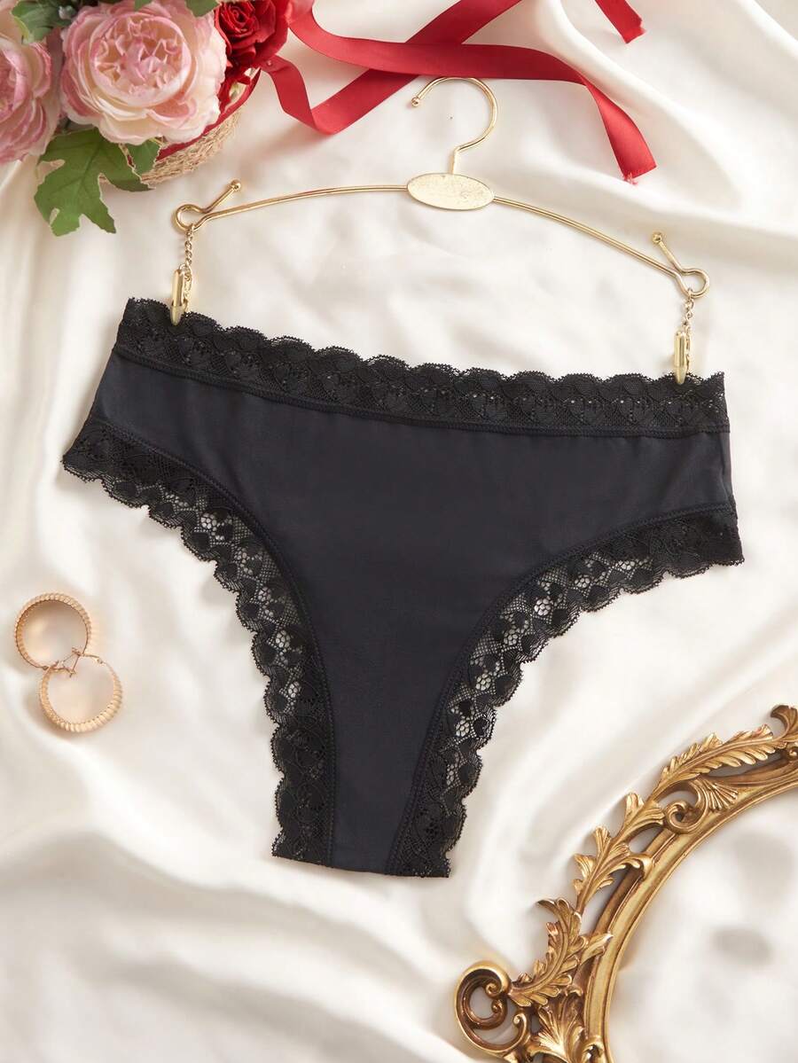 Romantic Series High Elastic Lace Trim Ladies Thong Panty - Black - View 1