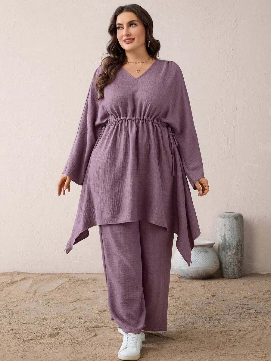 SHEIN Essnce 大码女装春秋时尚优雅宽松舒适日常V领收腰长袖不规则下摆上衣搭配阔腿裤浅紫色两件套，春季穿搭，裤装套装 - 紫色 - 查看 1