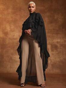 Vixey Black Sheer Chiffon Layered Ruffle Mock Neck Hi Low Hem Top - Black - View 2