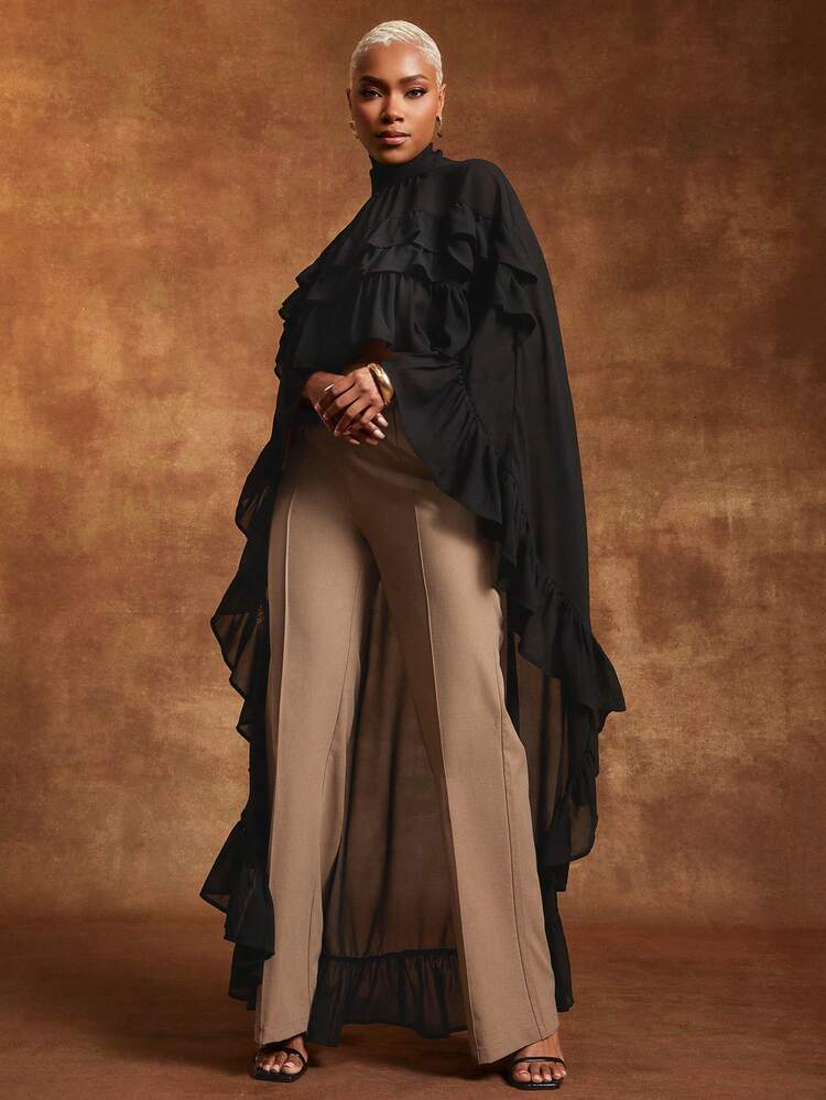 Vixey Black Sheer Chiffon Layered Ruffle Mock Neck Hi Low Hem Top - Black - View 2