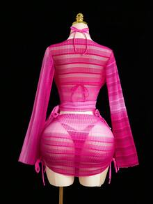 Swim SXY 4 Stücke Damen Neuer Neckholder Rückenfreier Top, Langarm Bluse, Seitlich gebundene Badeanzug Shorts, Seitlich gebundener Mini Rock Sexy Bikini Set, Sommer - Verschiedenfarbig - Übersicht 6