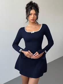 Aloruh 女士蝴蝶结装饰长袖时尚迷你连衣裙 - 藏蓝色 - 查看 7