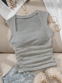 Comfortcana Casual Solid Color Versatile Square Neck Draped Bust Padded Bra Free Camisole, Suitable For Autumn And Summer, Built-In Bra - Light Grey - View 8