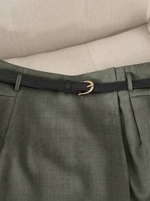 Franclia 大码女式纯色优雅腰带装饰短裤，适合通勤、外出、办公、派对、夏季休闲穿着 - 軍綠色 - 查看 3