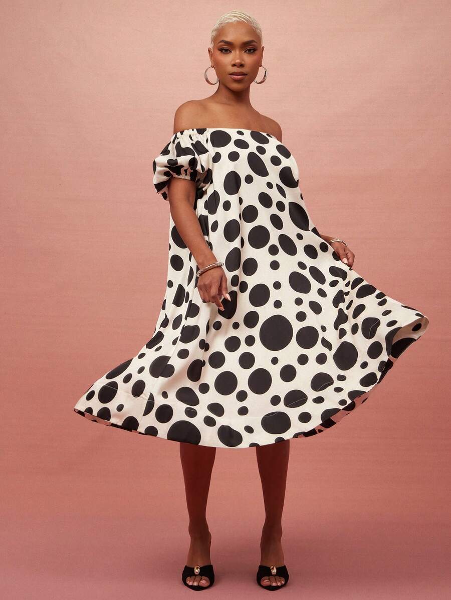 Vixey 波点露肩A字中长连衣裙