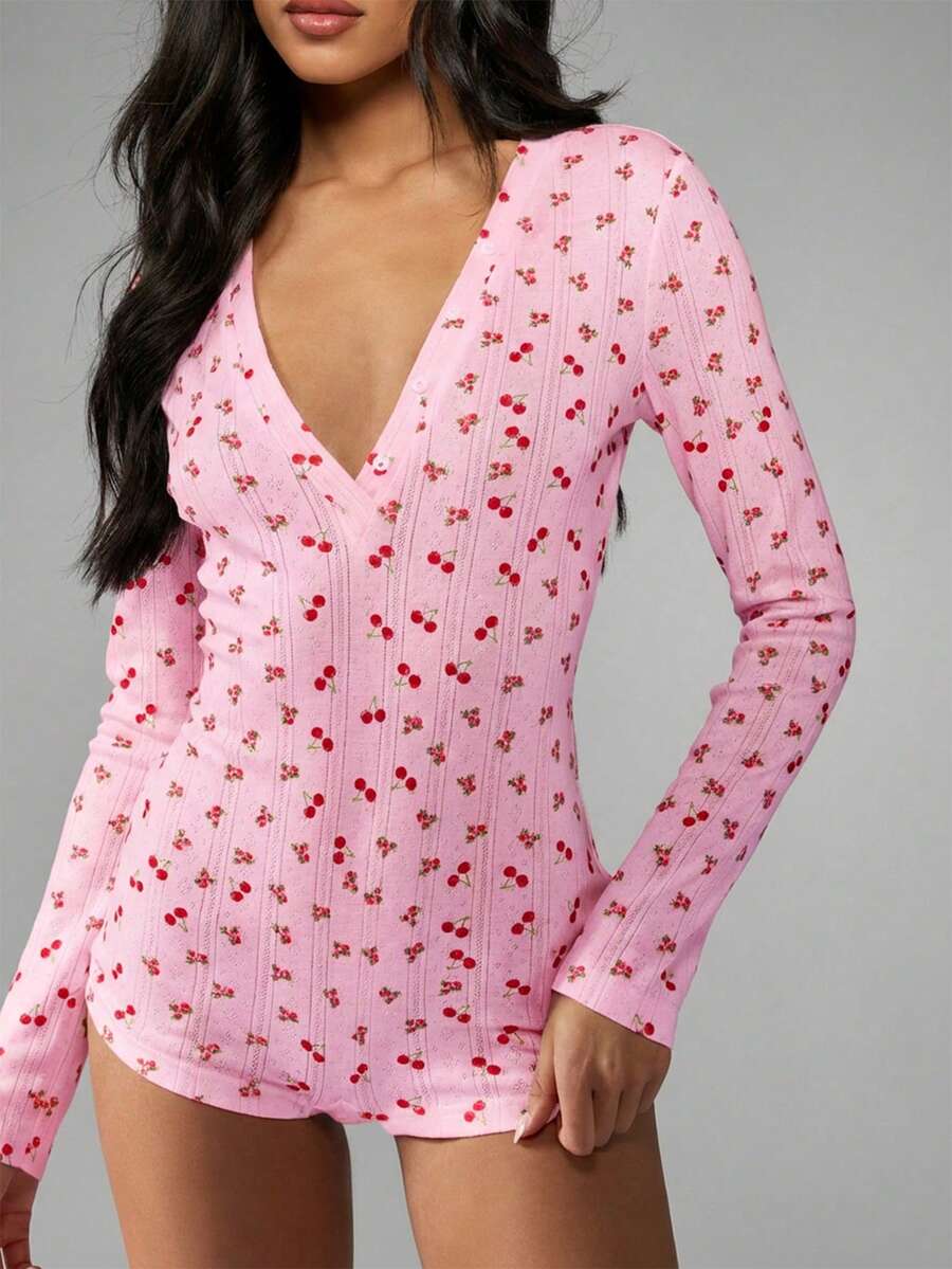 MISSGUIDED Cherry Print Pointelle Long Sleeve Deep V-Neck Romper Playsuit Spring Summer Casual Lounge Sleepwear Jumpsuit - Pink - View 1