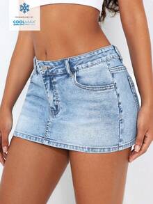 SHEIN EZwear Solid Color Low Waist Slim Fit Light Blue Minimalist Summer Mini Skirt - Light Wash - View 3