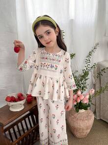 LMoss Kids 女童碎花圆领长袖上衣和裤子套装 - 白色 - 查看 6