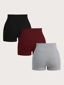 SHEIN BASICS 3pcs/Set Casual Solid Color Knit Skinny Shorts For Women/Summer - Burgundy - View 2