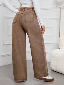 Quần denim ống rộng cạp cao có túi tiện dụng đa năng cho nữ - màu nâu - Xem 2