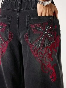 ROMWE Grunge Punk Jeans rectos de talla grande con lavado desgastado, cruce y enredadera de estilo punk, extra largos para mujeres de talla grande - Negro - Ver 2