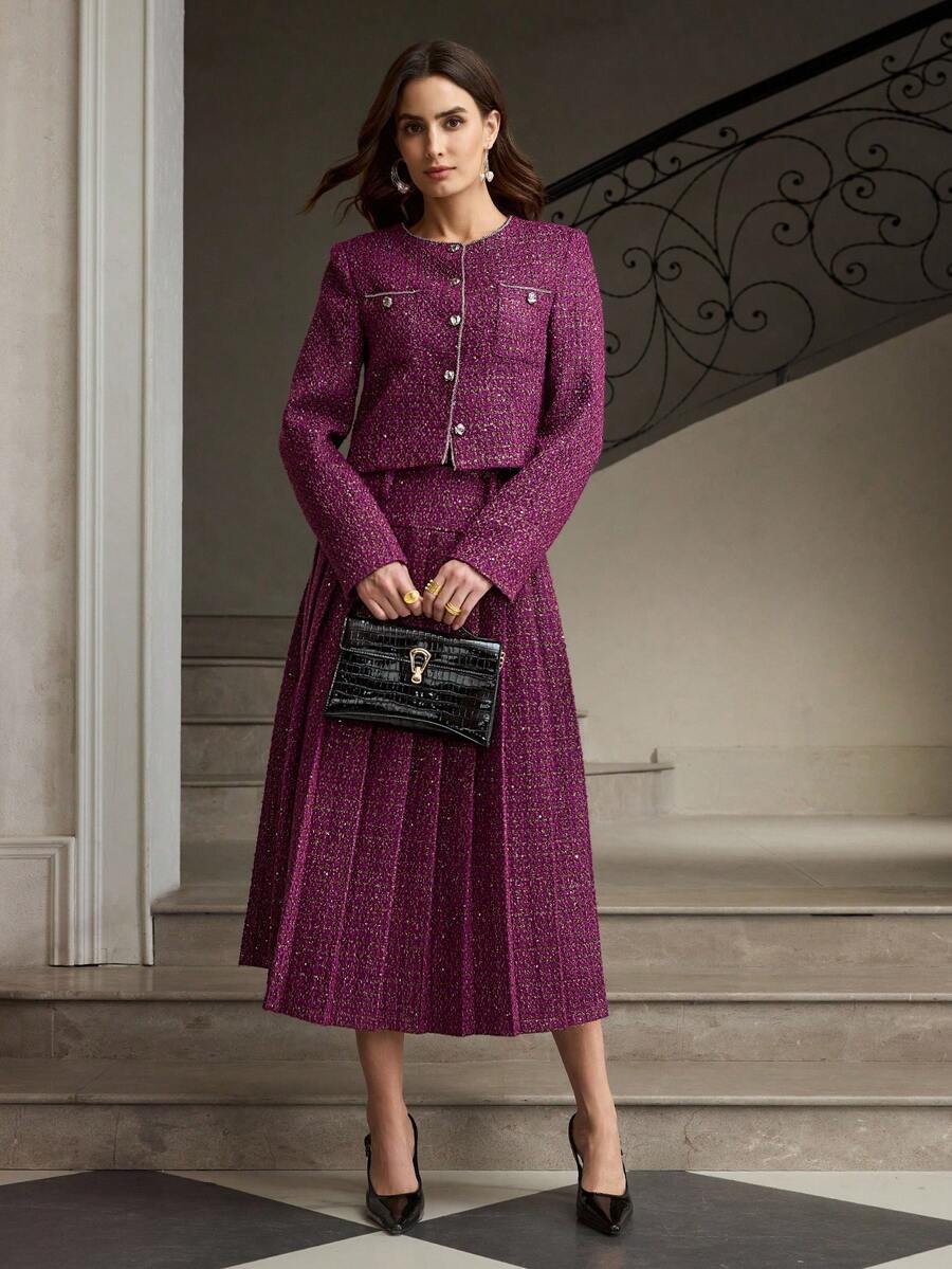 ZEYLAH Women's Sequin Patchwork Pleated Elegant Skirt, Autumn/Winter - Purple - View 1