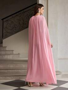 ZEYLAH Women's Round Neck Rhinestone Decor Luxurious Elegant Extra Long Cloak Dress - Baby Pink - View 3
