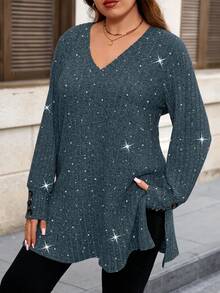 EMERY ROSE Blusa casual y cómoda de manga larga con cuello en V, botones decorativos y estampado de salpicaduras de polvo en unicolor y acanalado para mujer de talla grande - Celeste - Ver 4